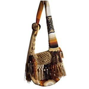 Boho Crochet Crossbody Bag Fringe Tassel Earth Tones Wooden Ring Hobo Purse